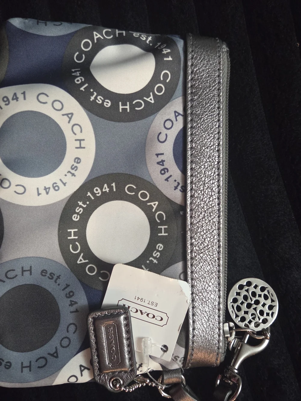 Coach Silver Metallic Wristlet with Blue and Gray Logo Circles